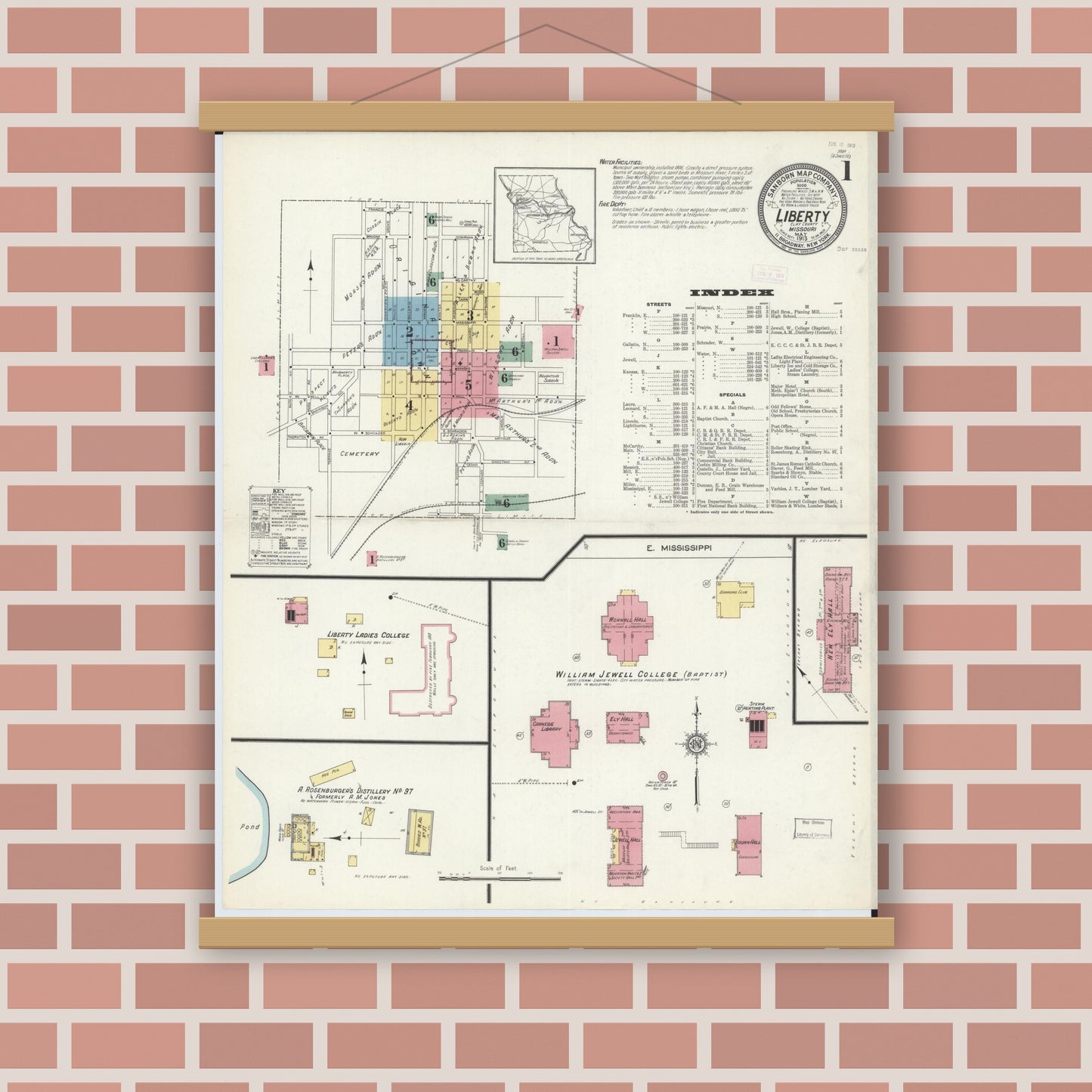 Old map wall art mockup — magnetic wood frame on brick wall — Sanborn Fire Insurance Map from Liberty, Clay County, Missouri (1913), Sheet #0001