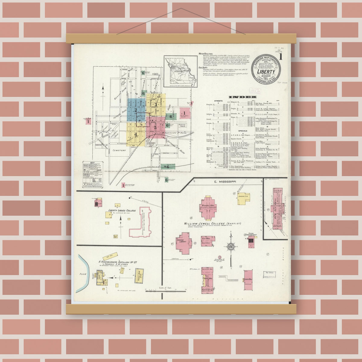 Old map wall art mockup — magnetic wood frame on brick wall — Sanborn Fire Insurance Map from Liberty, Clay County, Missouri (1913), Sheet #0001