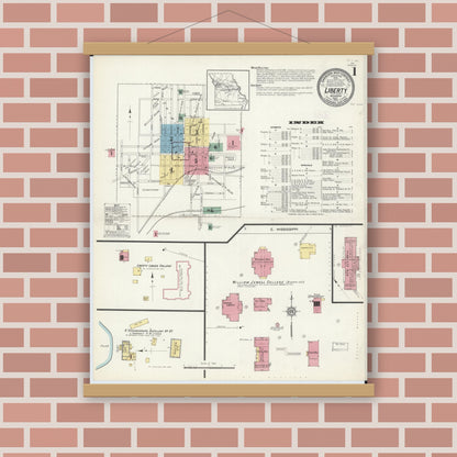 Old map wall art mockup — magnetic wood frame on brick wall — Sanborn Fire Insurance Map from Liberty, Clay County, Missouri (1913), Sheet #0001