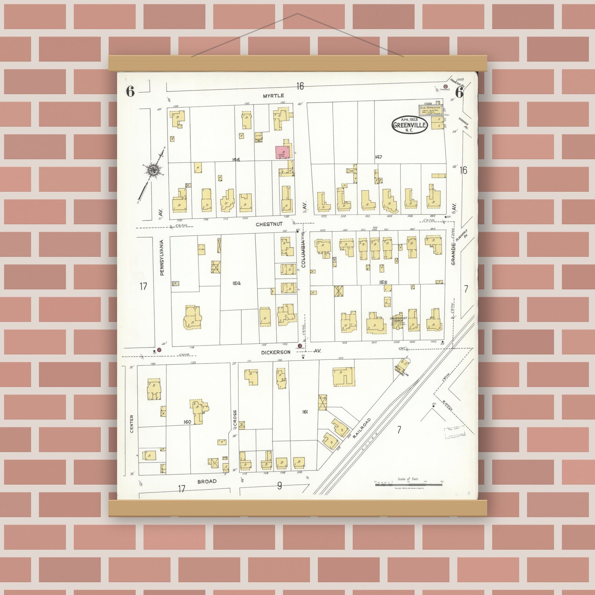 Old map wall art mockup — magnetic wood frame on brick wall — Sanborn Fire Insurance Map from Greenville, Pitt County, North Carolina (1923), Sheet #0006