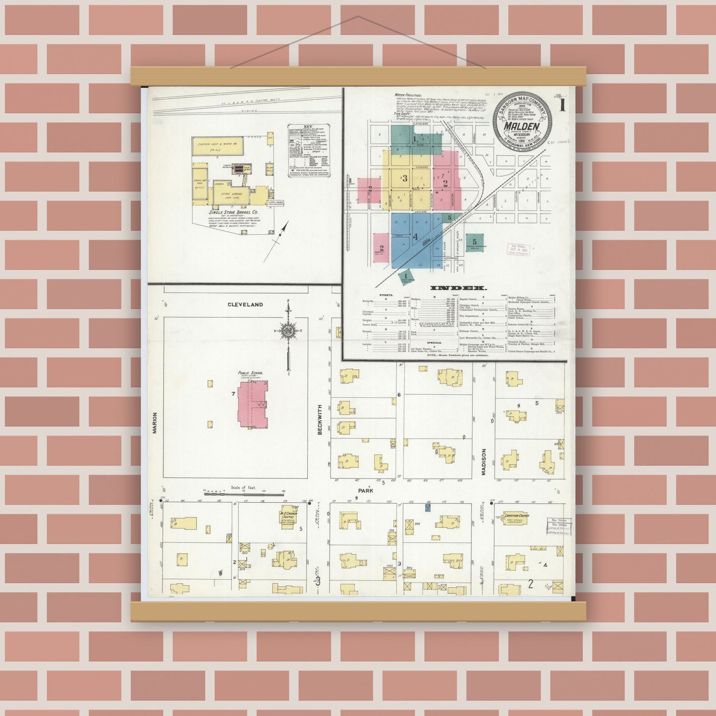 Old map wall art mockup — magnetic wood frame on brick wall — Sanborn Fire Insurance Map from Malden, Dunklin County, Missouri (1911) - Complete Map Set