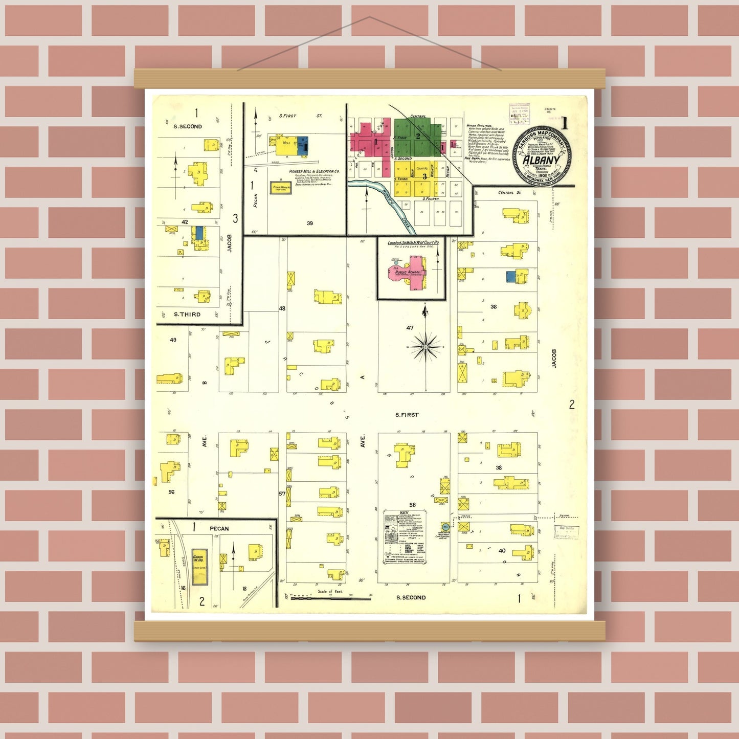 Old map wall art mockup — magnetic wood frame on brick wall — Sanborn Fire Insurance Map from Albany, Shackelford County, Texas (1908), Sheet #0001