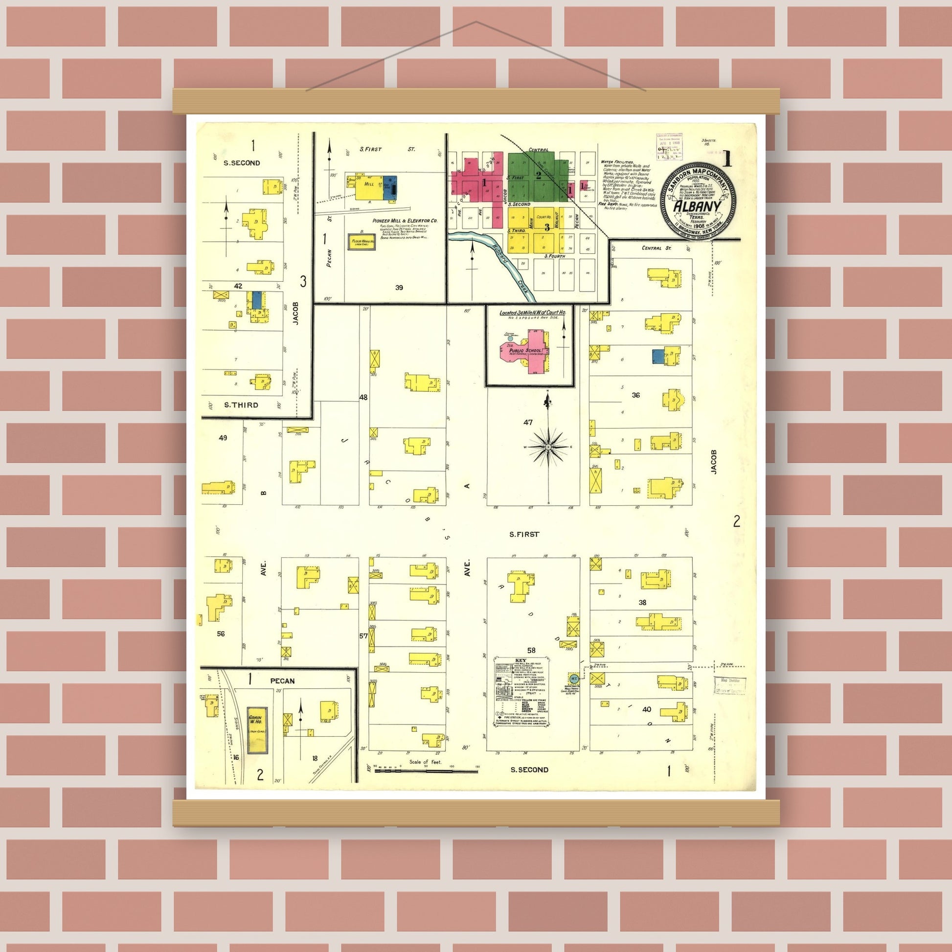 Old map wall art mockup — magnetic wood frame on brick wall — Sanborn Fire Insurance Map from Albany, Shackelford County, Texas (1908), Sheet #0001