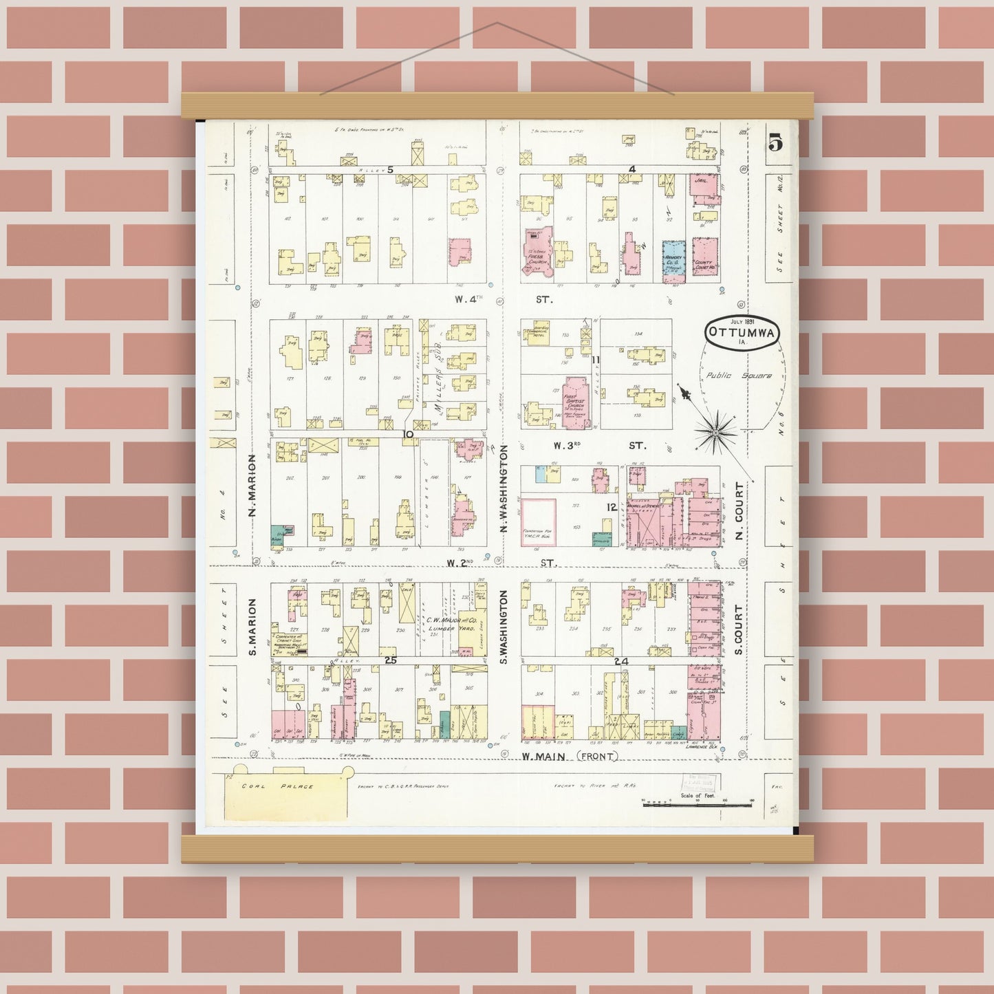 Old map wall art mockup — magnetic wood frame on brick wall — Sanborn Fire Insurance Map from Ottumwa, Wapello County, Iowa (1891), Sheet #0005
