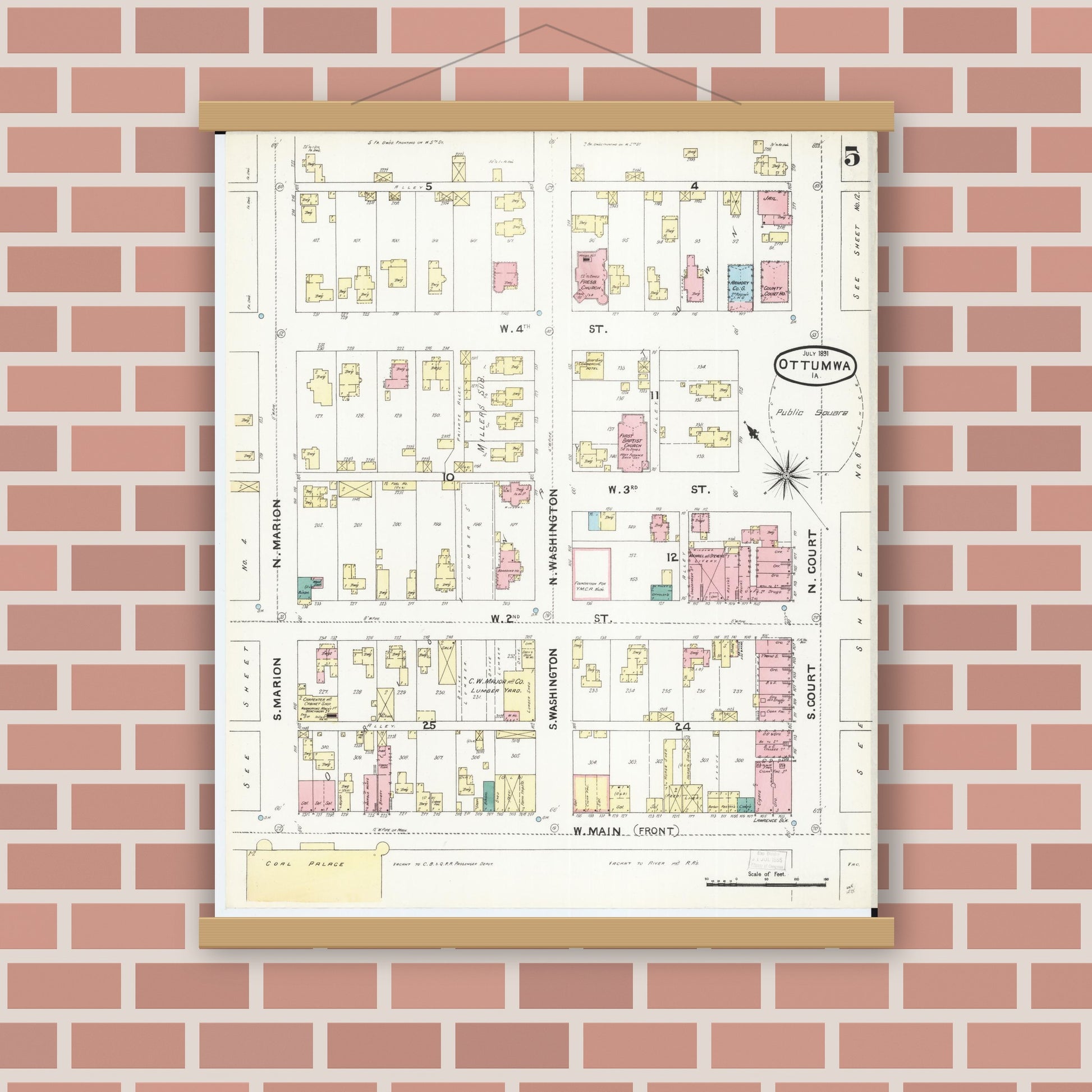 Old map wall art mockup — magnetic wood frame on brick wall — Sanborn Fire Insurance Map from Ottumwa, Wapello County, Iowa (1891), Sheet #0005