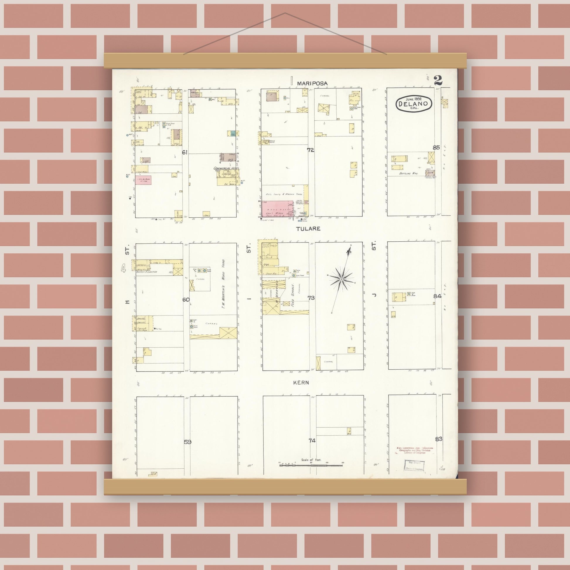 Old map wall art mockup — magnetic wood frame on brick wall — Sanborn Fire Insurance Map from Delano, Kern County, California (1892), Sheet #0002