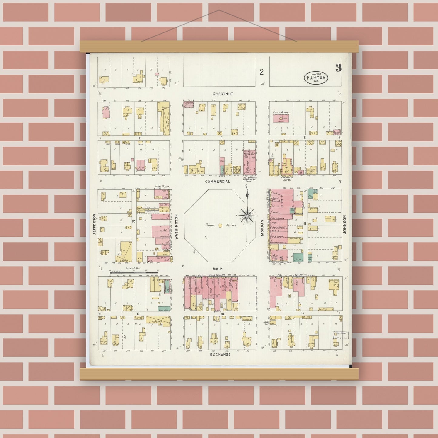 Old map wall art mockup — magnetic wood frame on brick wall — Sanborn Fire Insurance Map from Kahoka, Clark County, Missouri (1898), Sheet #0003