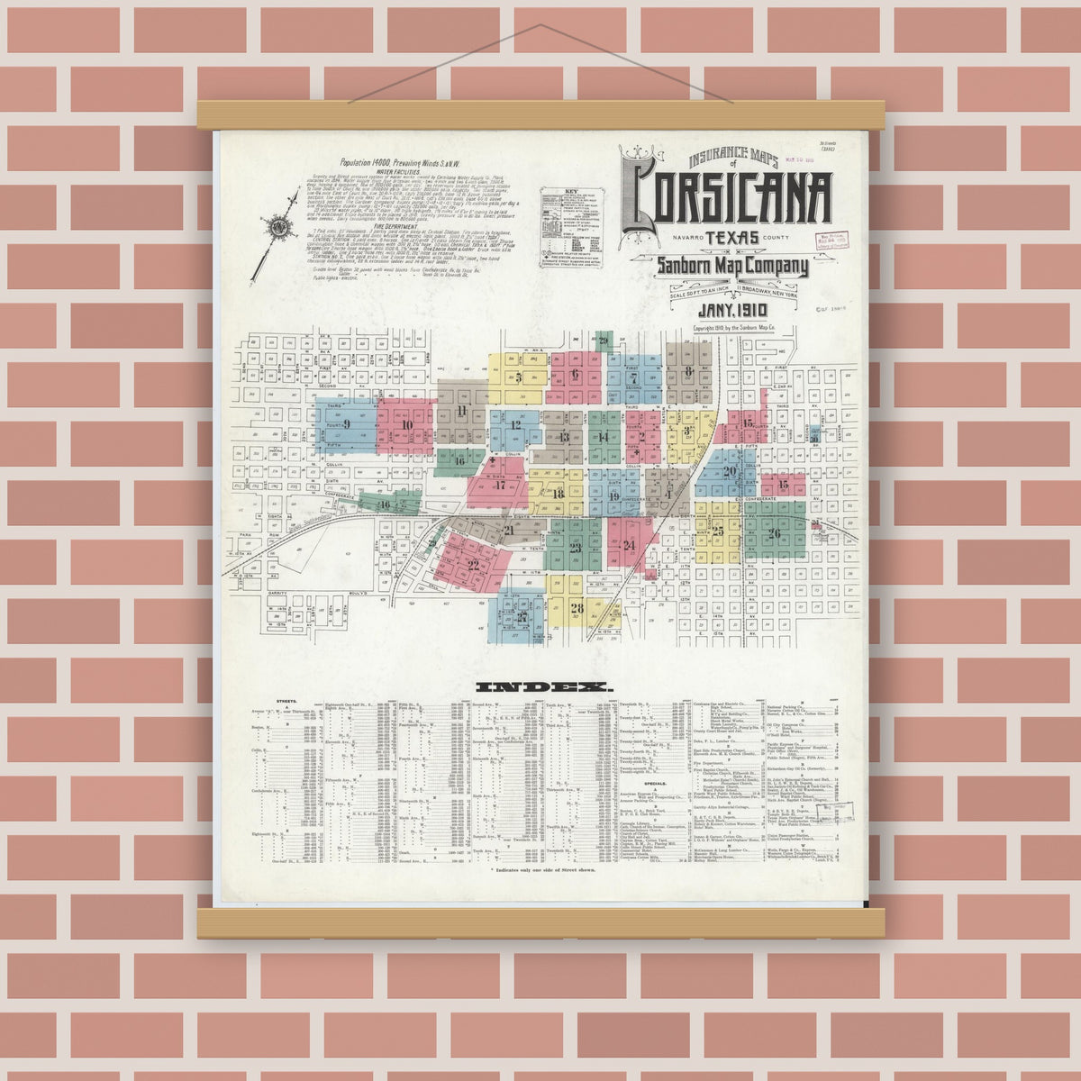 Old map wall art mockup — magnetic wood frame on brick wall — Sanborn Fire Insurance Map from Corsicana, Navarro County, Texas (1910) - Complete Map Set