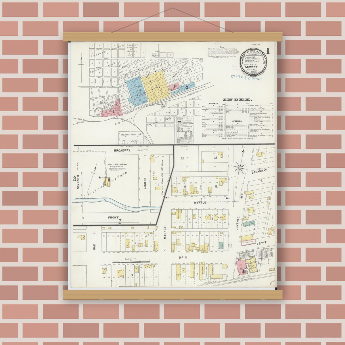 Old map wall art mockup — magnetic wood frame on brick wall — Sanborn Fire Insurance Map from Monett, Barry County, Missouri (1897), Sheet #0001