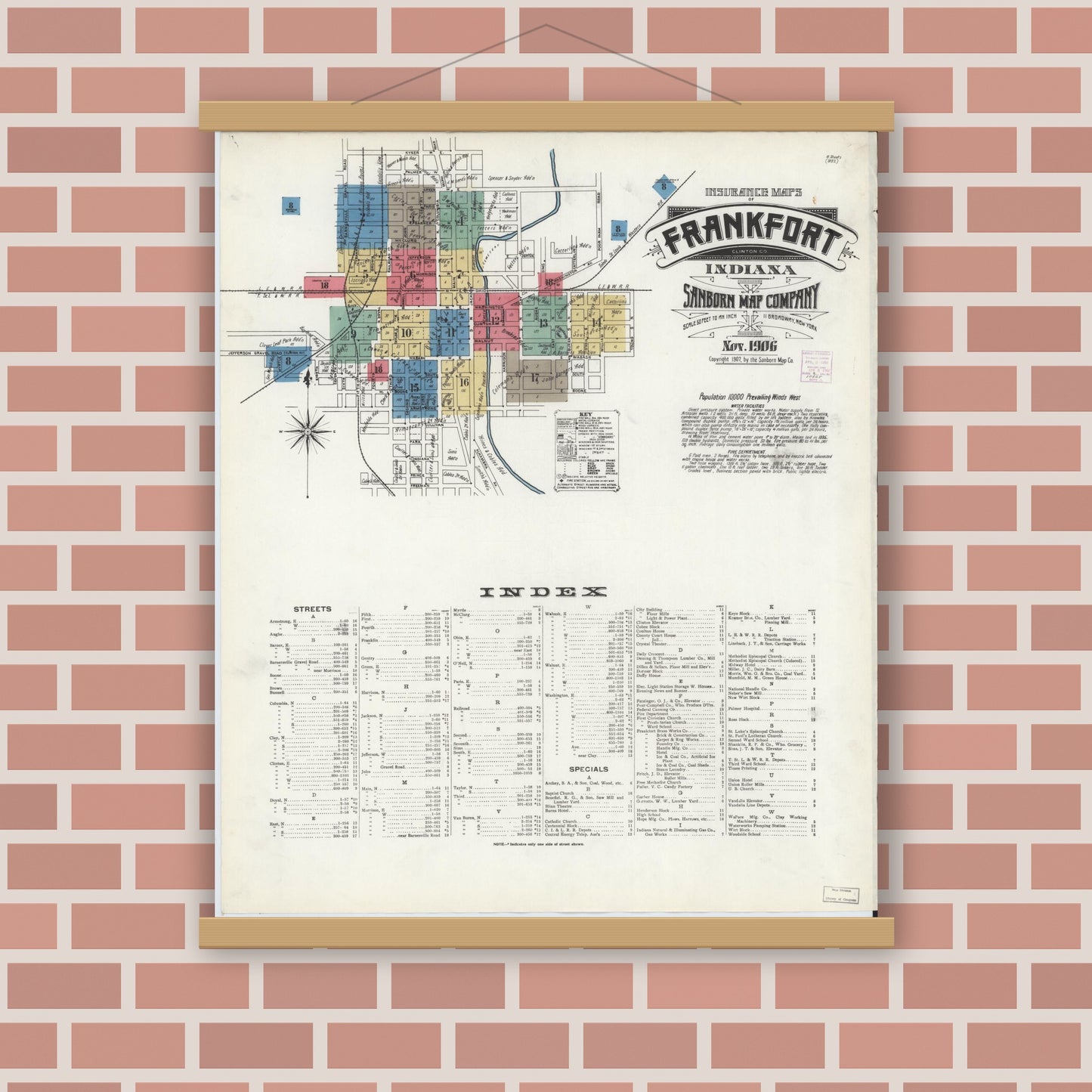 Old map wall art mockup — magnetic wood frame on brick wall — Sanborn Fire Insurance Map from Frankfort, Clinton County, Indiana (1906) - Complete Map Set