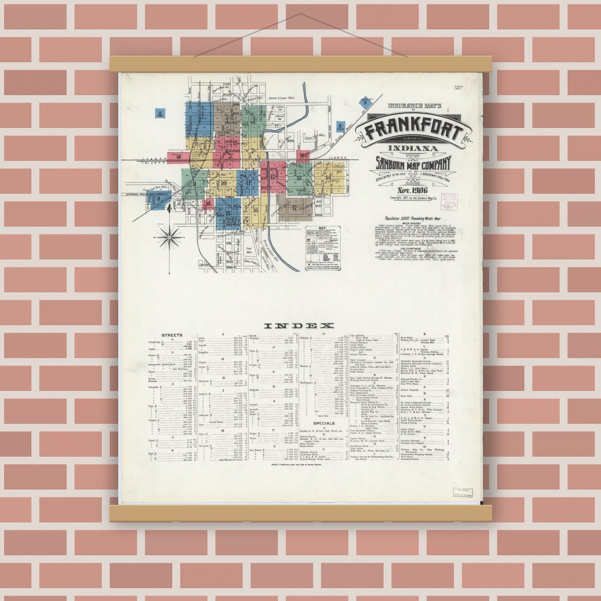 Old map wall art mockup — magnetic wood frame on brick wall — Sanborn Fire Insurance Map from Frankfort, Clinton County, Indiana (1906) - Complete Map Set