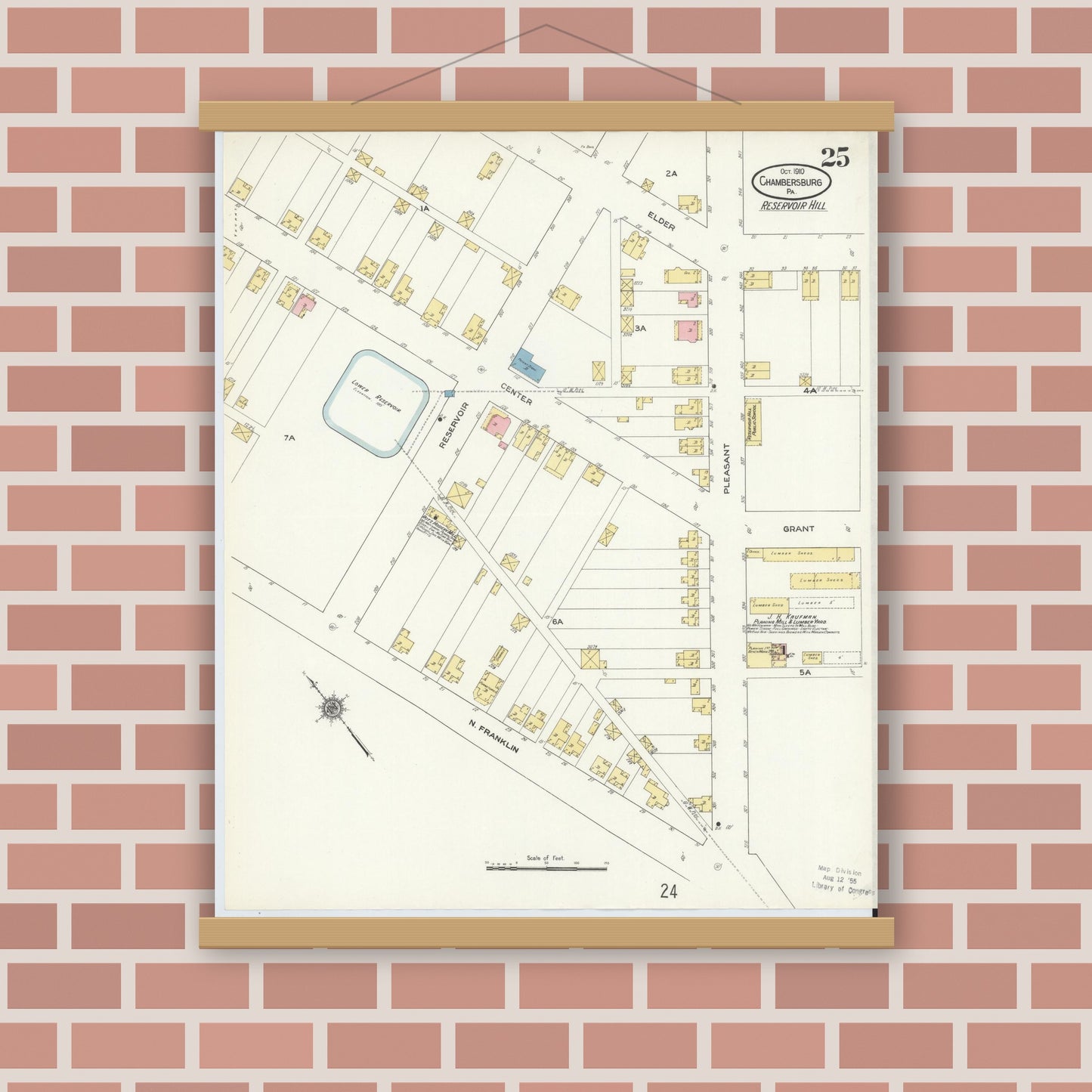 Old map wall art mockup — magnetic wood frame on brick wall — Sanborn Fire Insurance Map from Chambersburg, Franklin County, Pennsylvania (1910), Sheet #0025