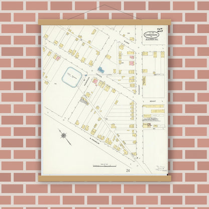 Old map wall art mockup — magnetic wood frame on brick wall — Sanborn Fire Insurance Map from Chambersburg, Franklin County, Pennsylvania (1910), Sheet #0025