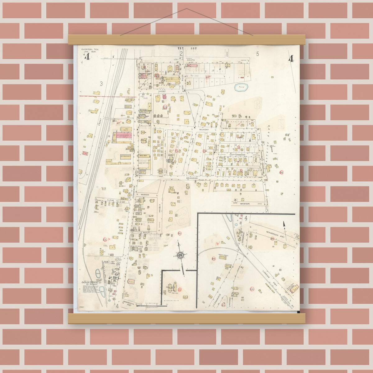 Old map wall art mockup — magnetic wood frame on brick wall — Sanborn Fire Insurance Map from Overton, Rusk County, Texas (1939), Sheet #0004