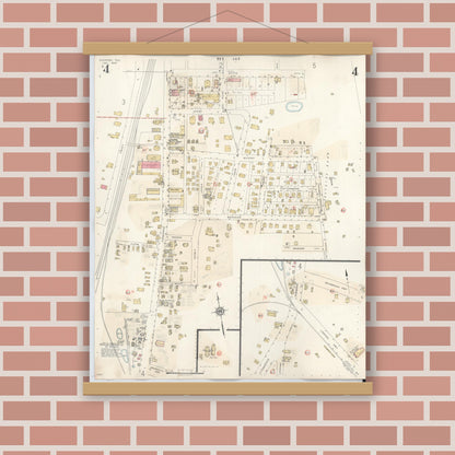 Old map wall art mockup — magnetic wood frame on brick wall — Sanborn Fire Insurance Map from Overton, Rusk County, Texas (1939), Sheet #0004