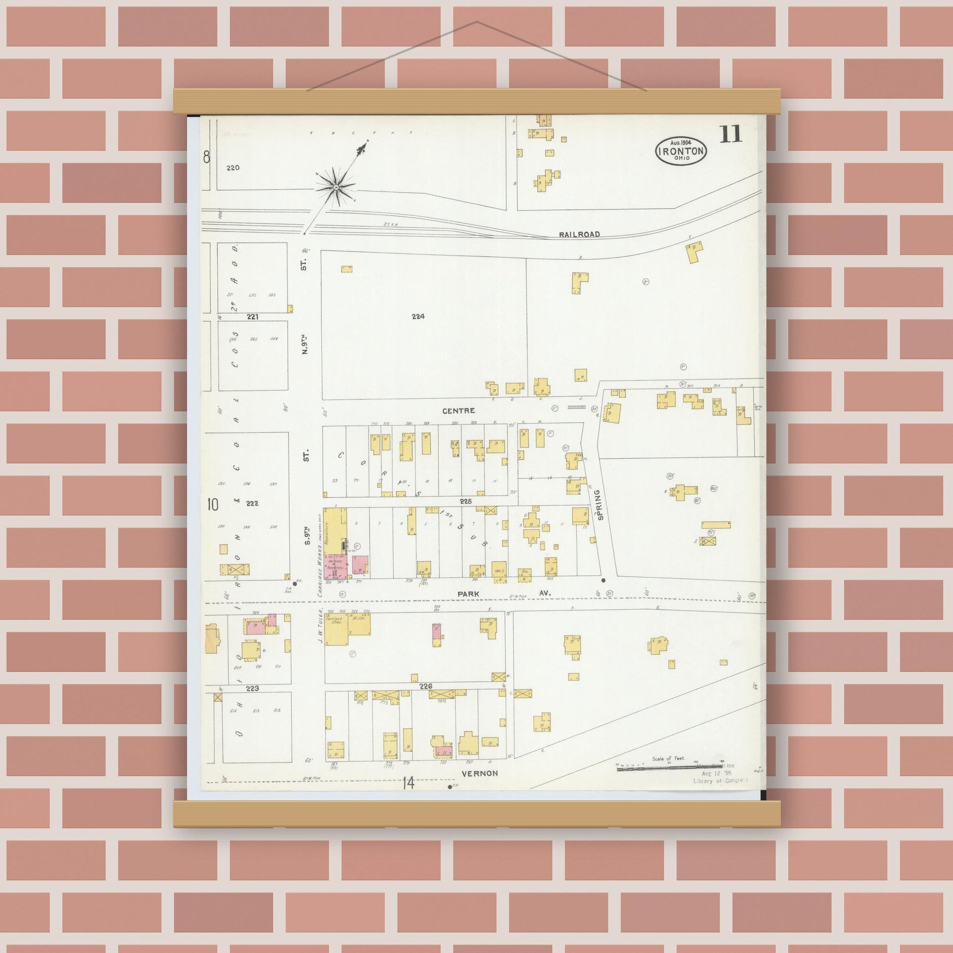 Old map wall art mockup — magnetic wood frame on brick wall — Sanborn Fire Insurance Map from Ironton, Lawrence County, Ohio (1904), Sheet #0011