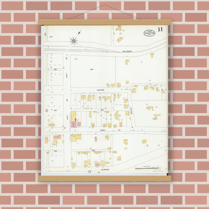 Old map wall art mockup — magnetic wood frame on brick wall — Sanborn Fire Insurance Map from Ironton, Lawrence County, Ohio (1904), Sheet #0011