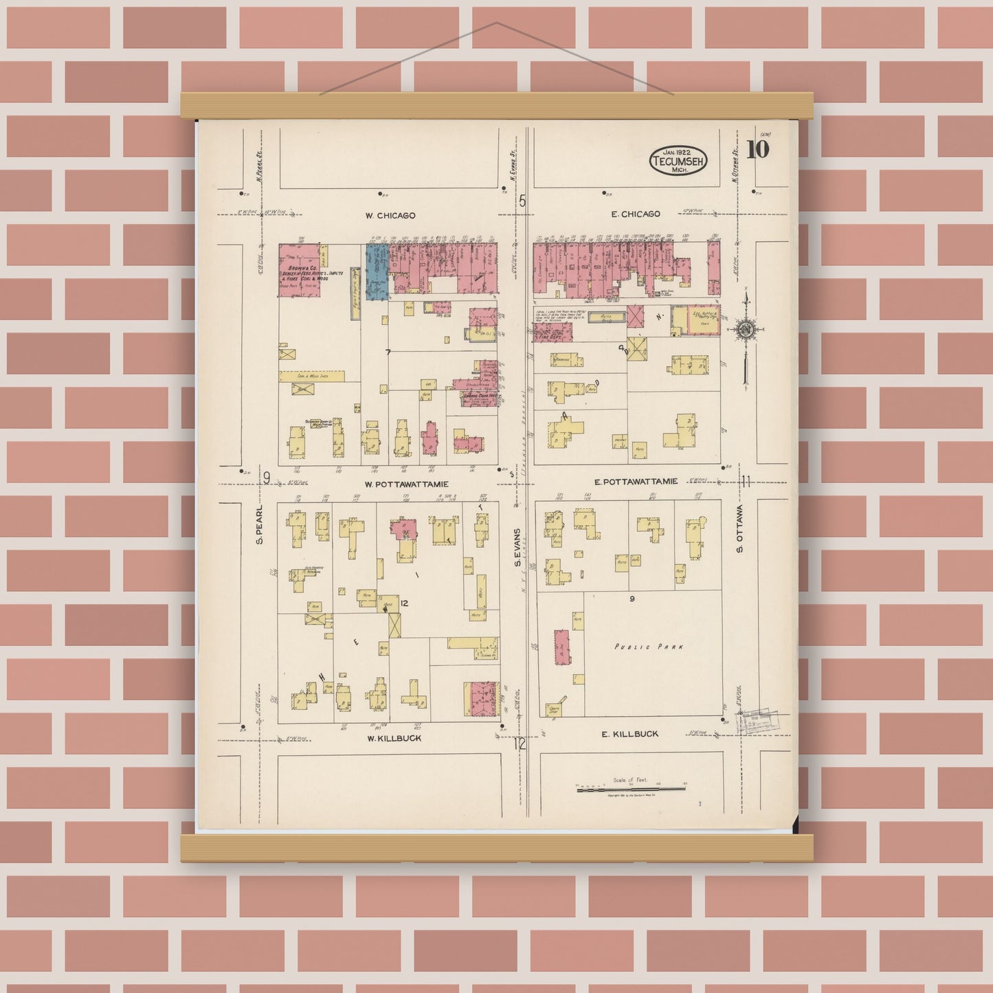 Old map wall art mockup — magnetic wood frame on brick wall — Sanborn Fire Insurance Map from Tecumseh, Lenawee County, Michigan (1922), Sheet #0010