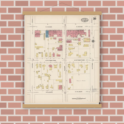 Old map wall art mockup — magnetic wood frame on brick wall — Sanborn Fire Insurance Map from Tecumseh, Lenawee County, Michigan (1922), Sheet #0010