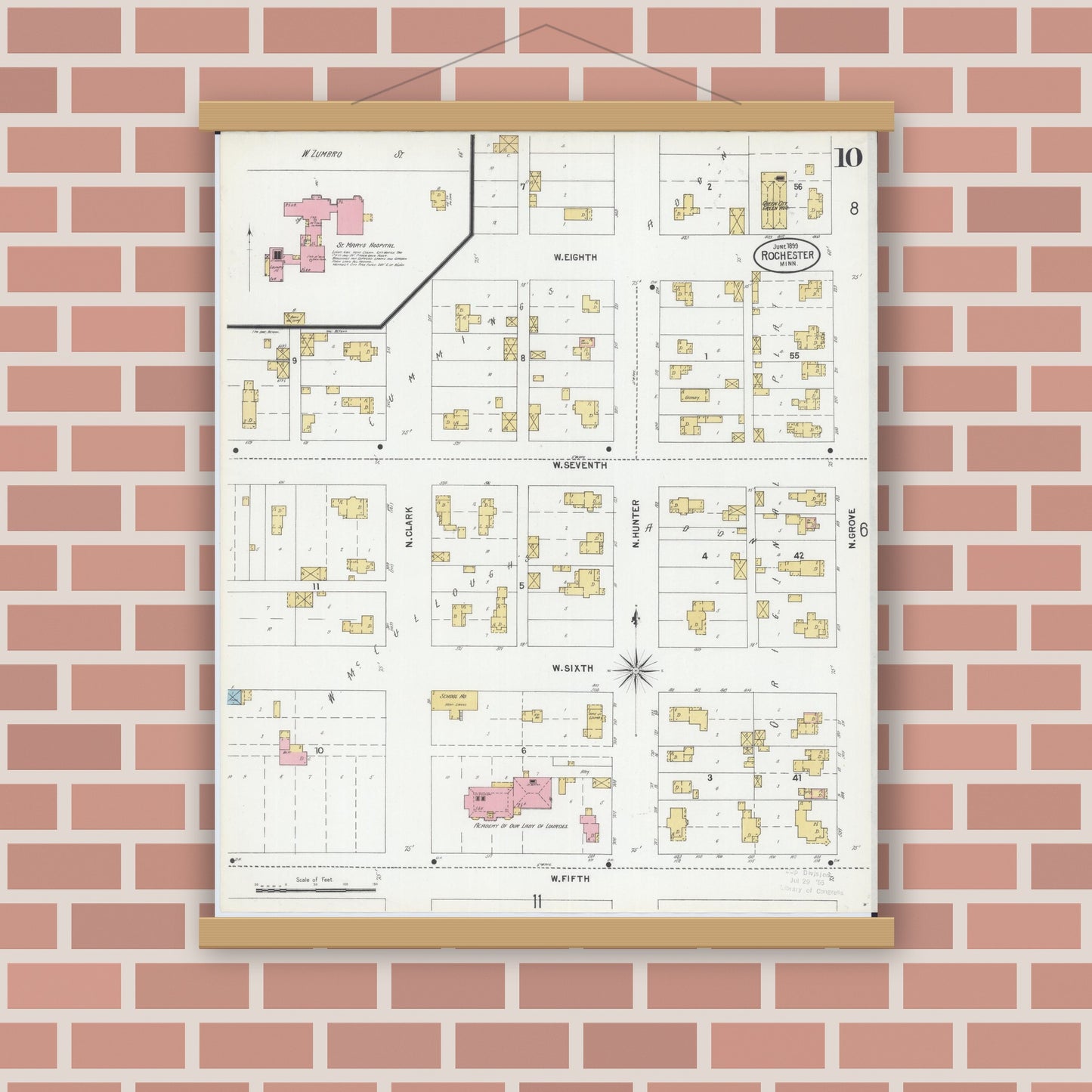Old map wall art mockup — magnetic wood frame on brick wall — Sanborn Fire Insurance Map from Rochester, Olmsted County, Minnesota (1899), Sheet #0010