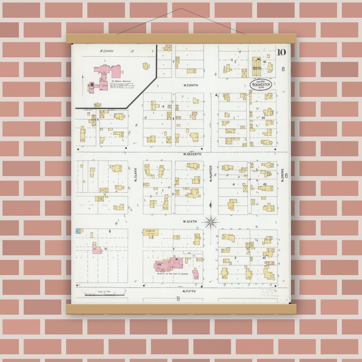 Old map wall art mockup — magnetic wood frame on brick wall — Sanborn Fire Insurance Map from Rochester, Olmsted County, Minnesota (1899), Sheet #0010