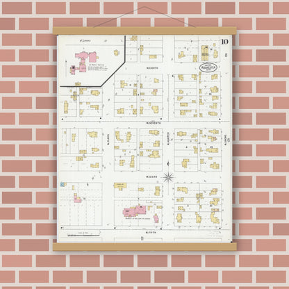 Old map wall art mockup — magnetic wood frame on brick wall — Sanborn Fire Insurance Map from Rochester, Olmsted County, Minnesota (1899), Sheet #0010