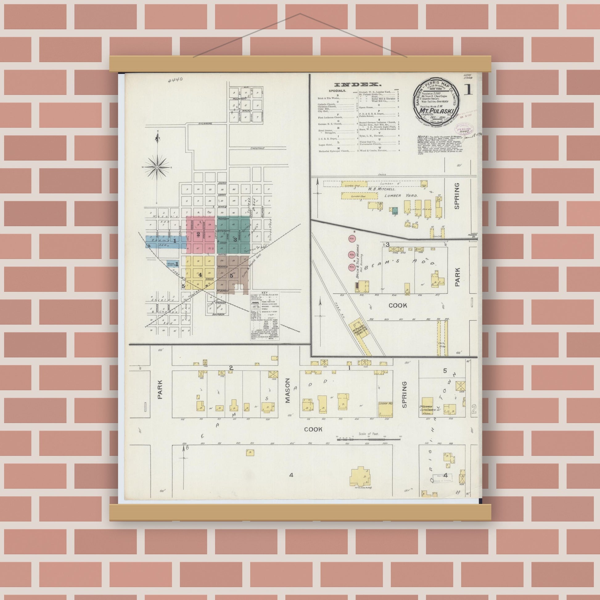 Old map wall art mockup — magnetic wood frame on brick wall — Sanborn Fire Insurance Map from Mount Pulaski, Logan County, Illinois (1893) - Complete Map Set