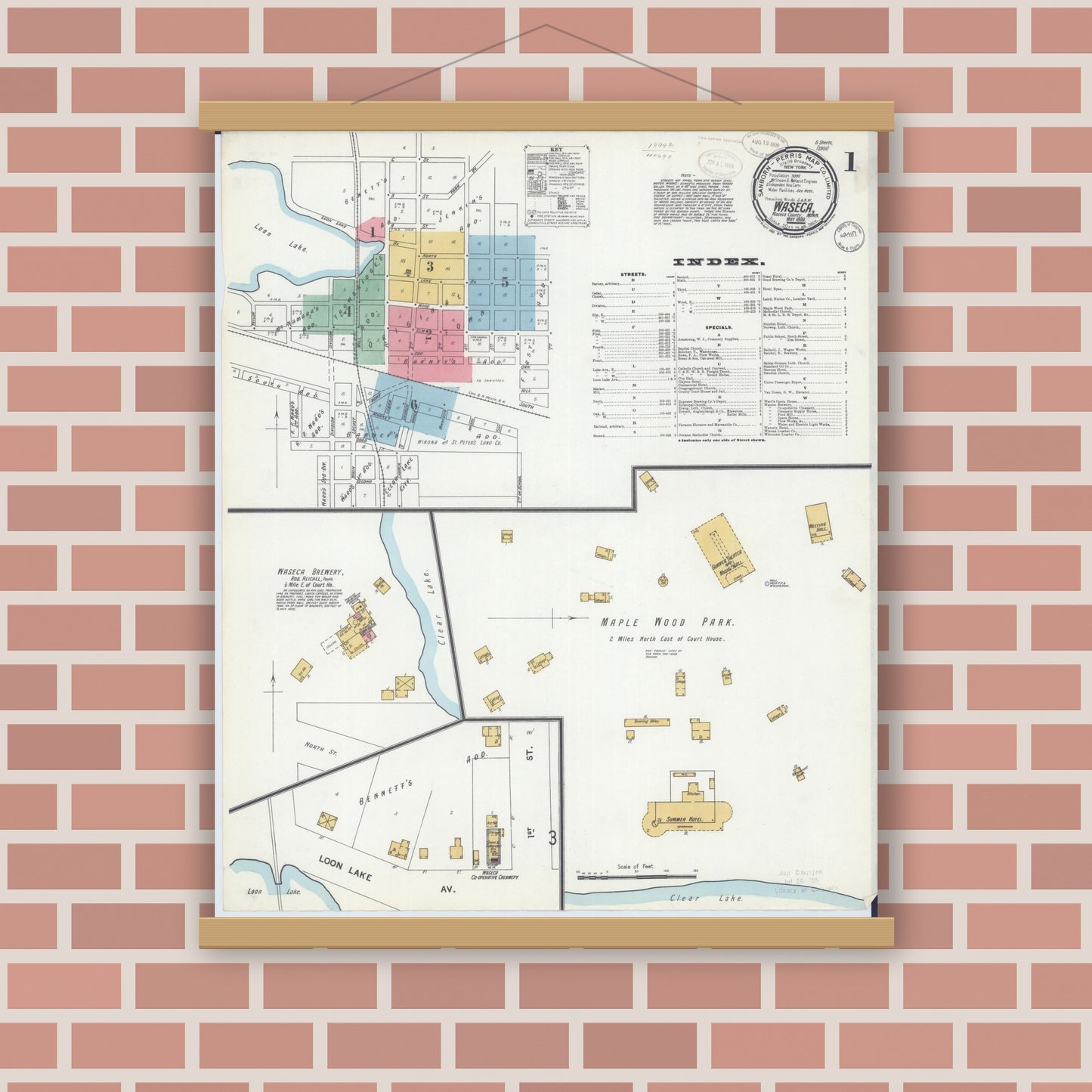 Old map wall art mockup — magnetic wood frame on brick wall — Sanborn Fire Insurance Map from Waseca, Waseca County, Minnesota (1899), Sheet #0001