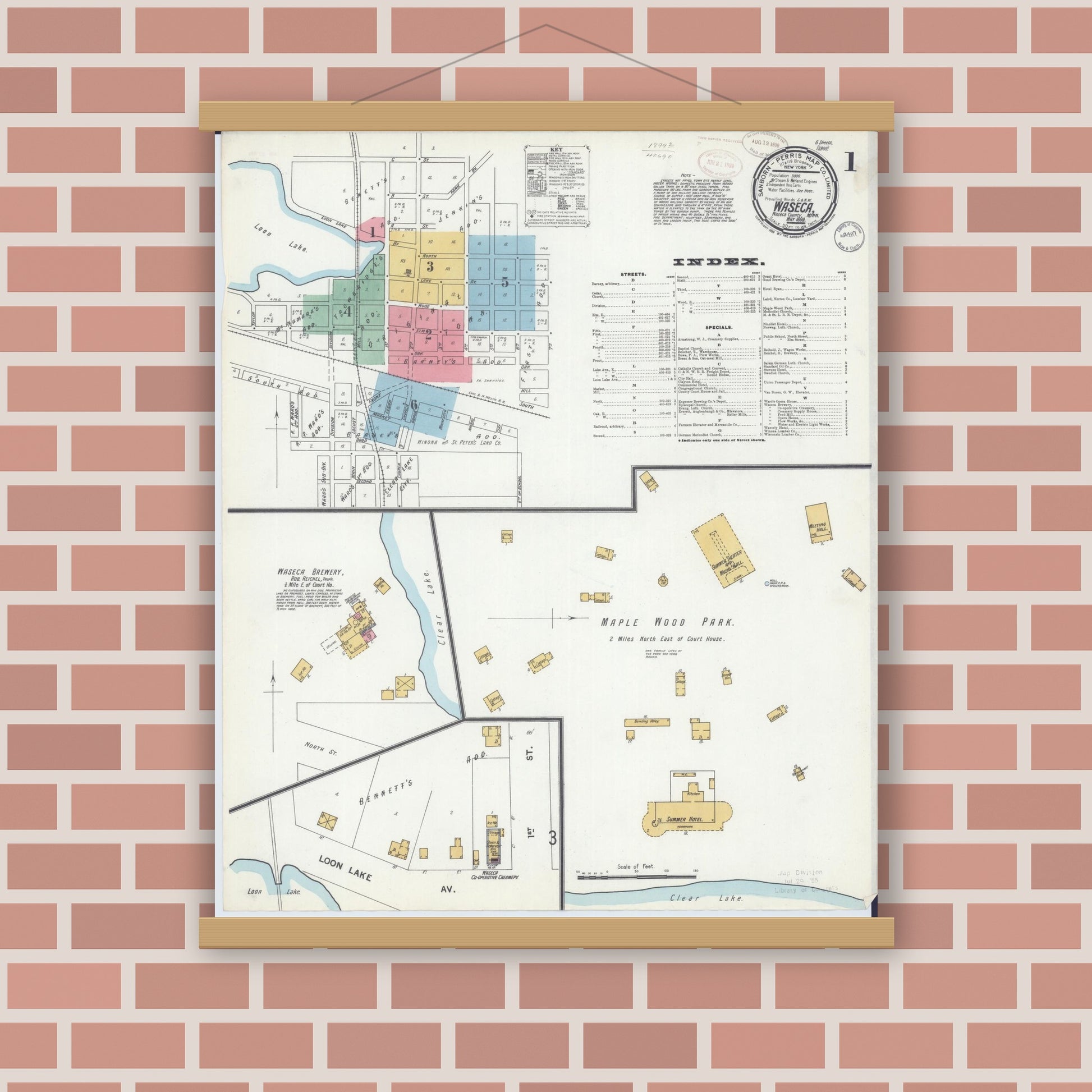 Old map wall art mockup — magnetic wood frame on brick wall — Sanborn Fire Insurance Map from Waseca, Waseca County, Minnesota (1899), Sheet #0001