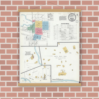 Old map wall art mockup — magnetic wood frame on brick wall — Sanborn Fire Insurance Map from Waseca, Waseca County, Minnesota (1899), Sheet #0001