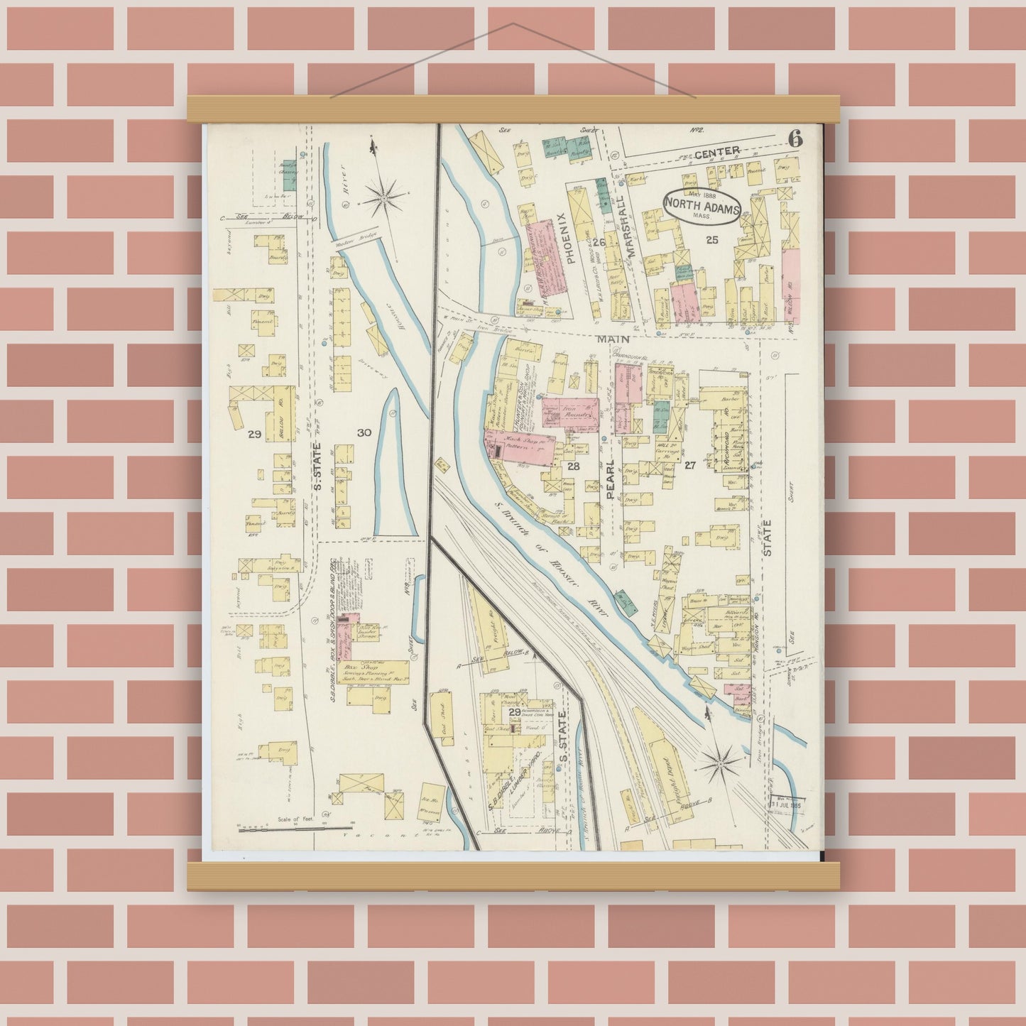Old map wall art mockup — magnetic wood frame on brick wall — Sanborn Fire Insurance Map from North Adams, Berkshire County, Massachusetts (1888), Sheet #0006