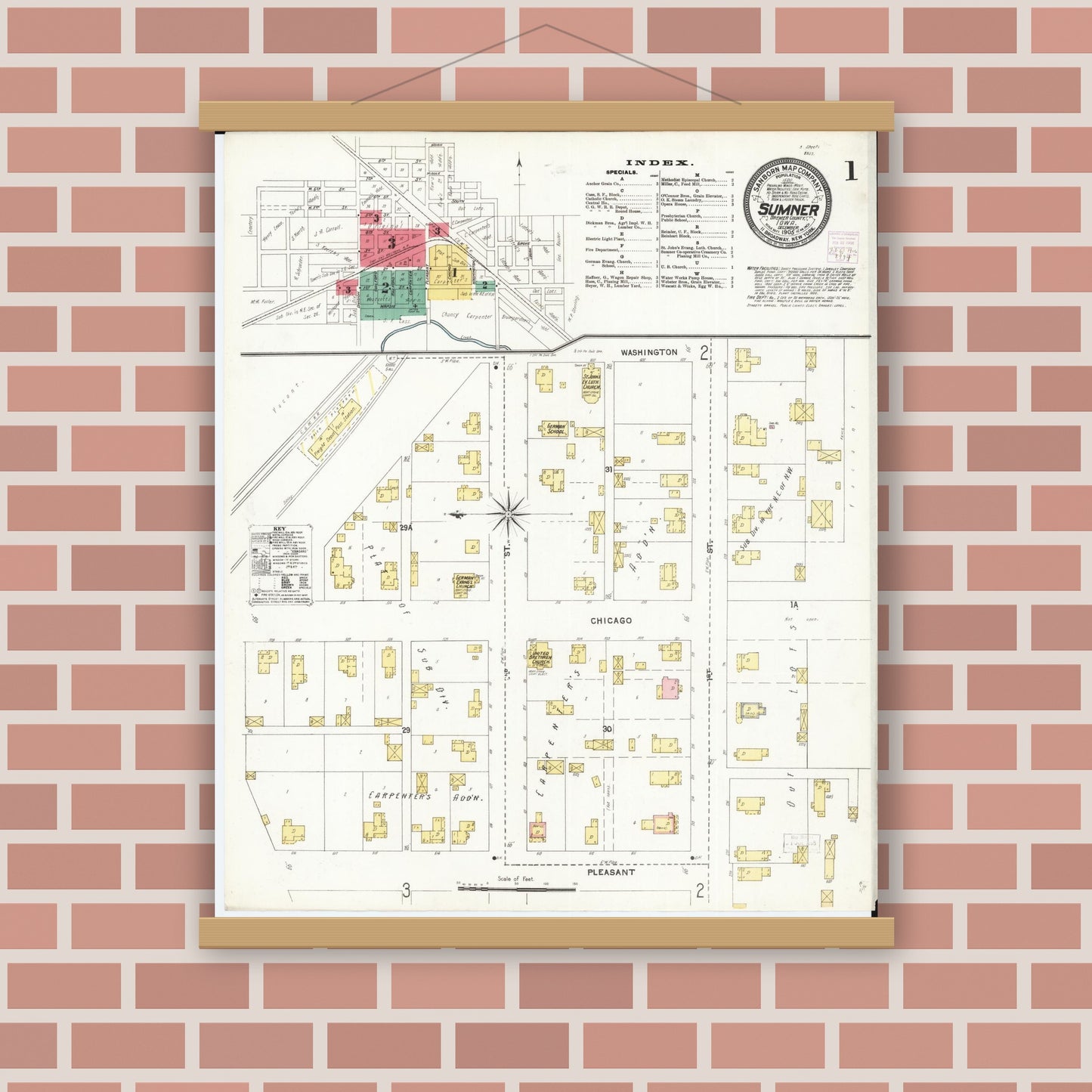 Old map wall art mockup — magnetic wood frame on brick wall — Sanborn Fire Insurance Map from Sumner, Bremer County, Iowa (1905), Sheet #0001