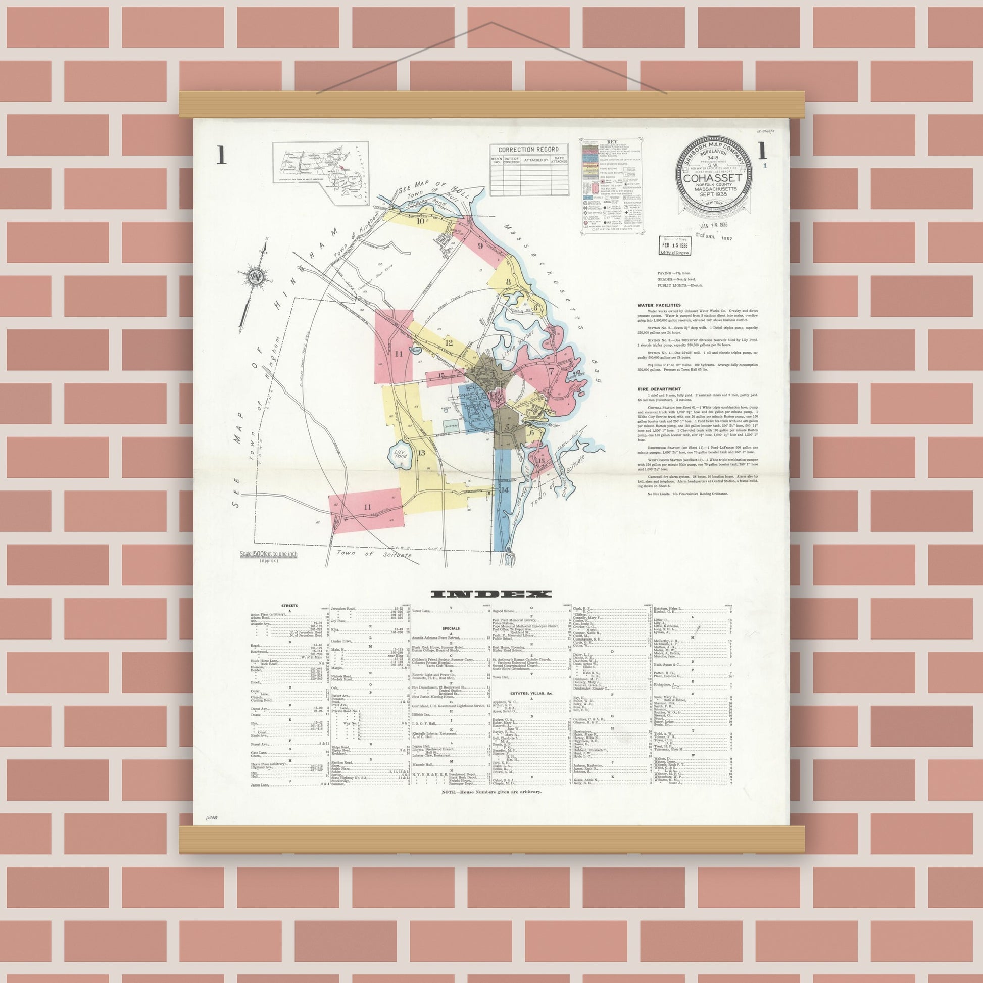 Old map wall art mockup — magnetic wood frame on brick wall — Sanborn Fire Insurance Map from Cohasset, Norfolk County, Massachusetts (1935), Sheet #0001