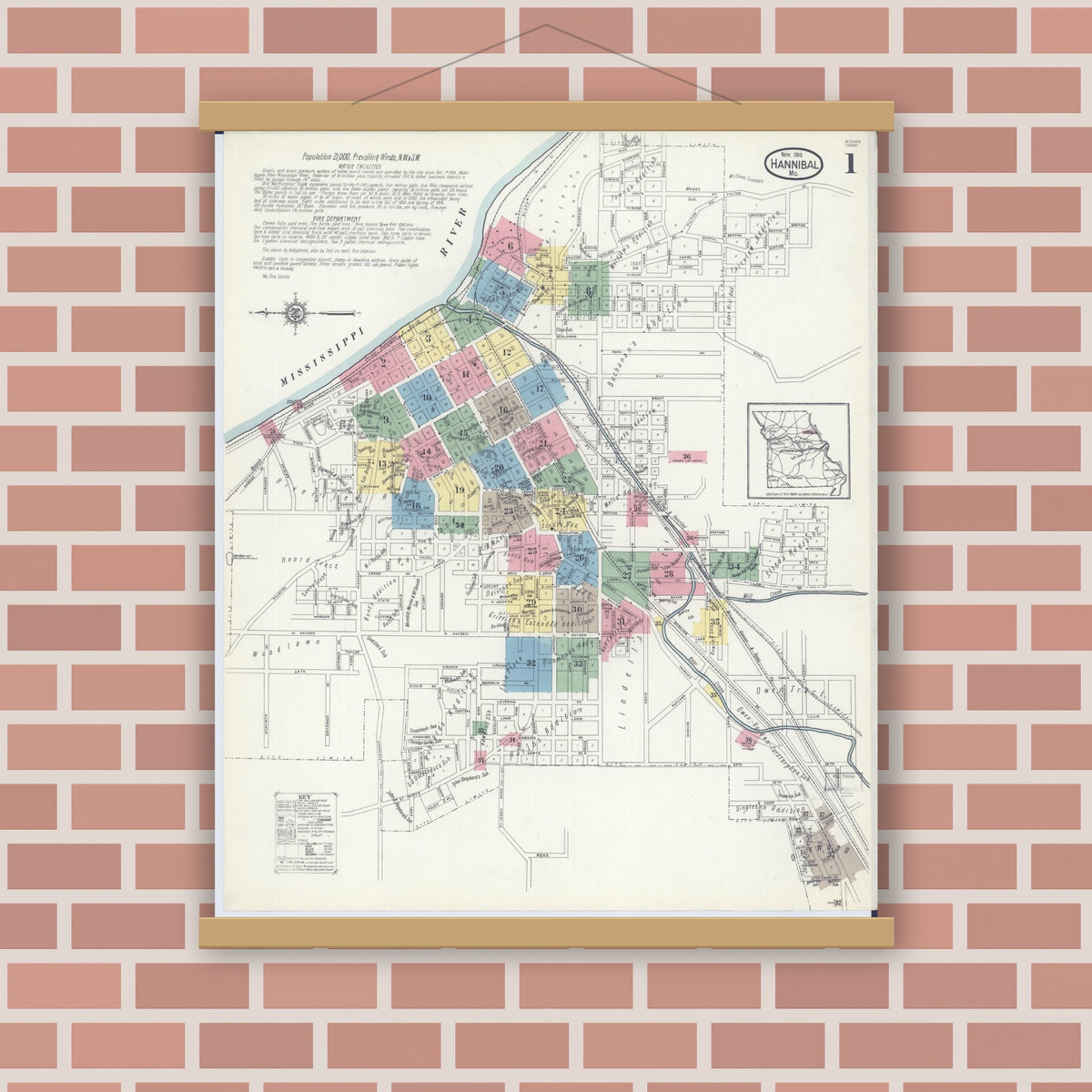 Old map wall art mockup — magnetic wood frame on brick wall — Sanborn Fire Insurance Map from Hannibal, Marion County, Missouri (1913), Sheet #0001