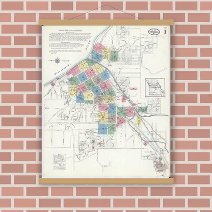 Old map wall art mockup — magnetic wood frame on brick wall — Sanborn Fire Insurance Map from Hannibal, Marion County, Missouri (1913), Sheet #0001