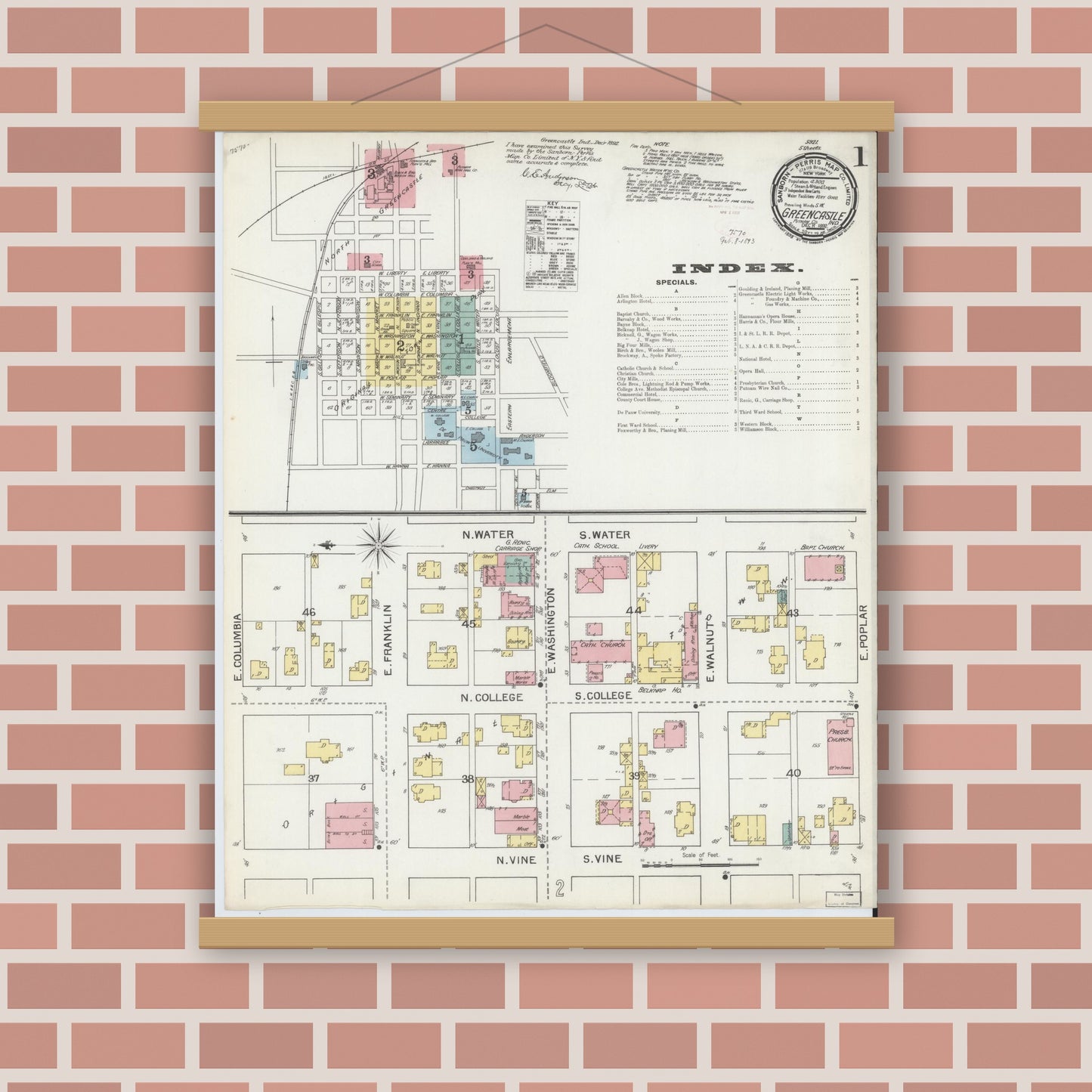 Old map wall art mockup — magnetic wood frame on brick wall — Sanborn Fire Insurance Map from Greencastle, Putnam County, Indiana (1892) - Complete Map Set