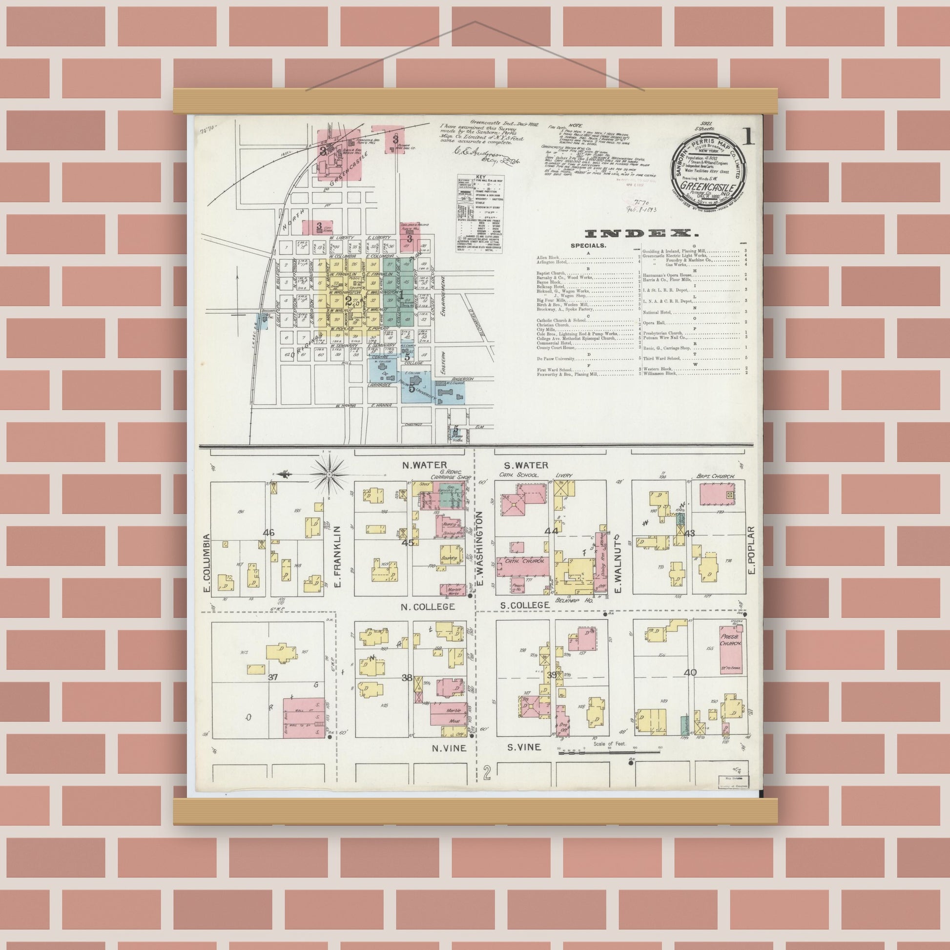 Old map wall art mockup — magnetic wood frame on brick wall — Sanborn Fire Insurance Map from Greencastle, Putnam County, Indiana (1892) - Complete Map Set