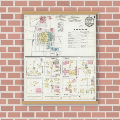 Old map wall art mockup — magnetic wood frame on brick wall — Sanborn Fire Insurance Map from Greencastle, Putnam County, Indiana (1892) - Complete Map Set