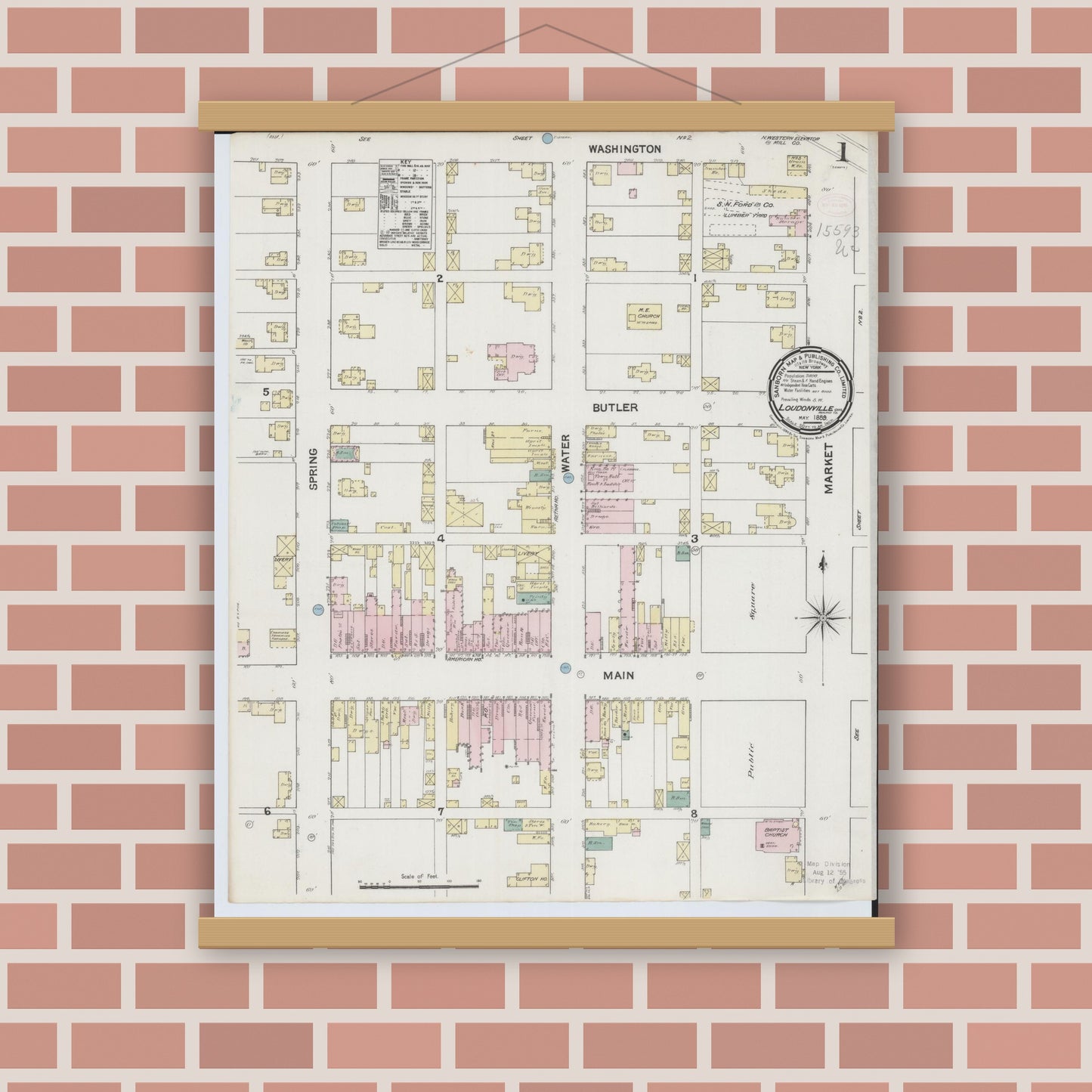 Old map wall art mockup — magnetic wood frame on brick wall — Sanborn Fire Insurance Map from Loudonville, Ashland County, Ohio (1889) - Complete Map Set