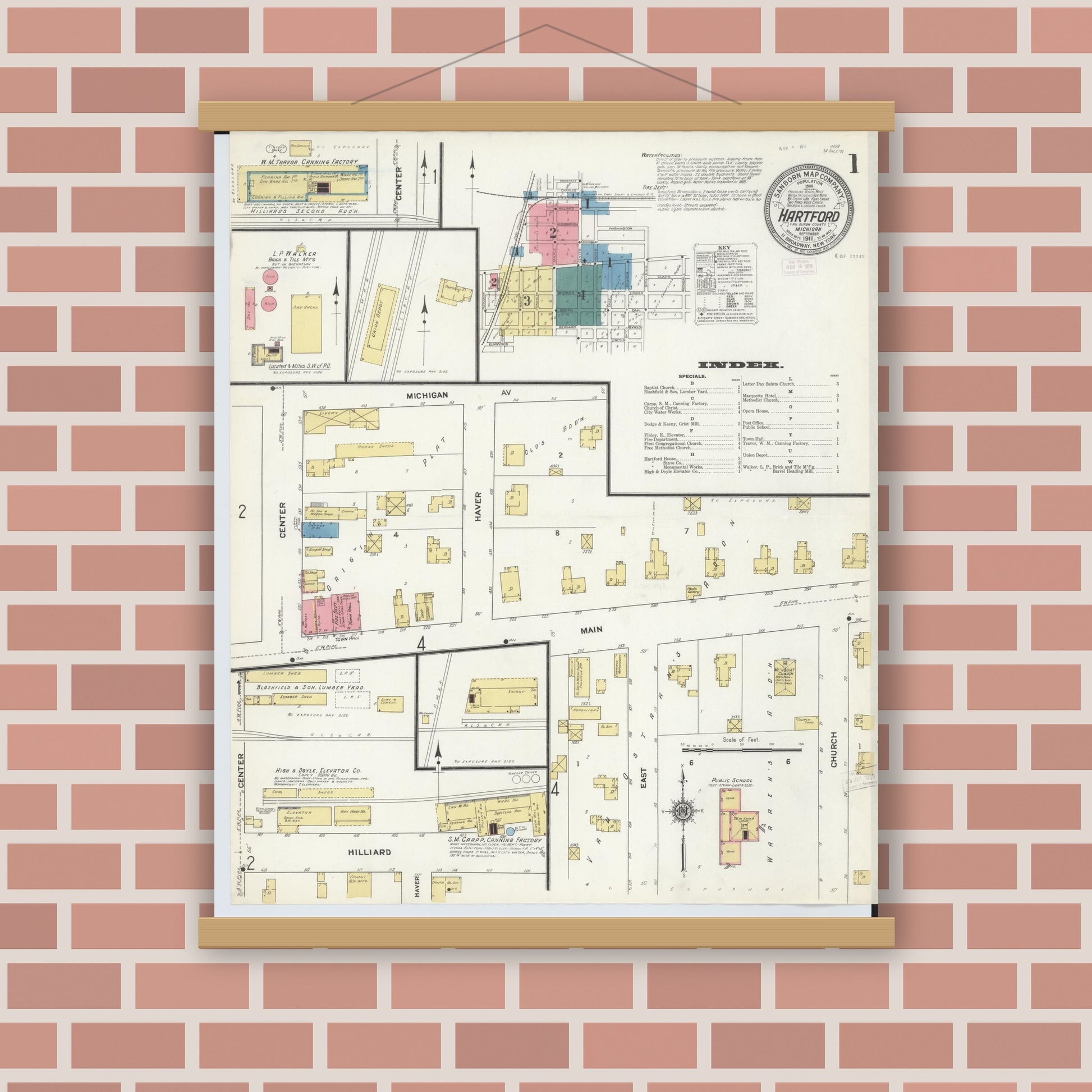 Old map wall art mockup — magnetic wood frame on brick wall — Sanborn Fire Insurance Map from Hartford, Van Buren County, Michigan (1911) - Complete Map Set