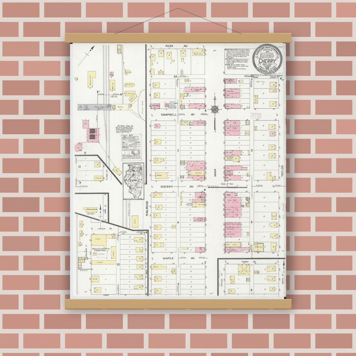 Old map wall art mockup — magnetic wood frame on brick wall — Sanborn Fire Insurance Map from Cherry, Bureau County, Illinois (1915), Sheet #0001