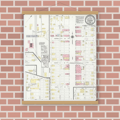 Old map wall art mockup — magnetic wood frame on brick wall — Sanborn Fire Insurance Map from Cherry, Bureau County, Illinois (1915), Sheet #0001