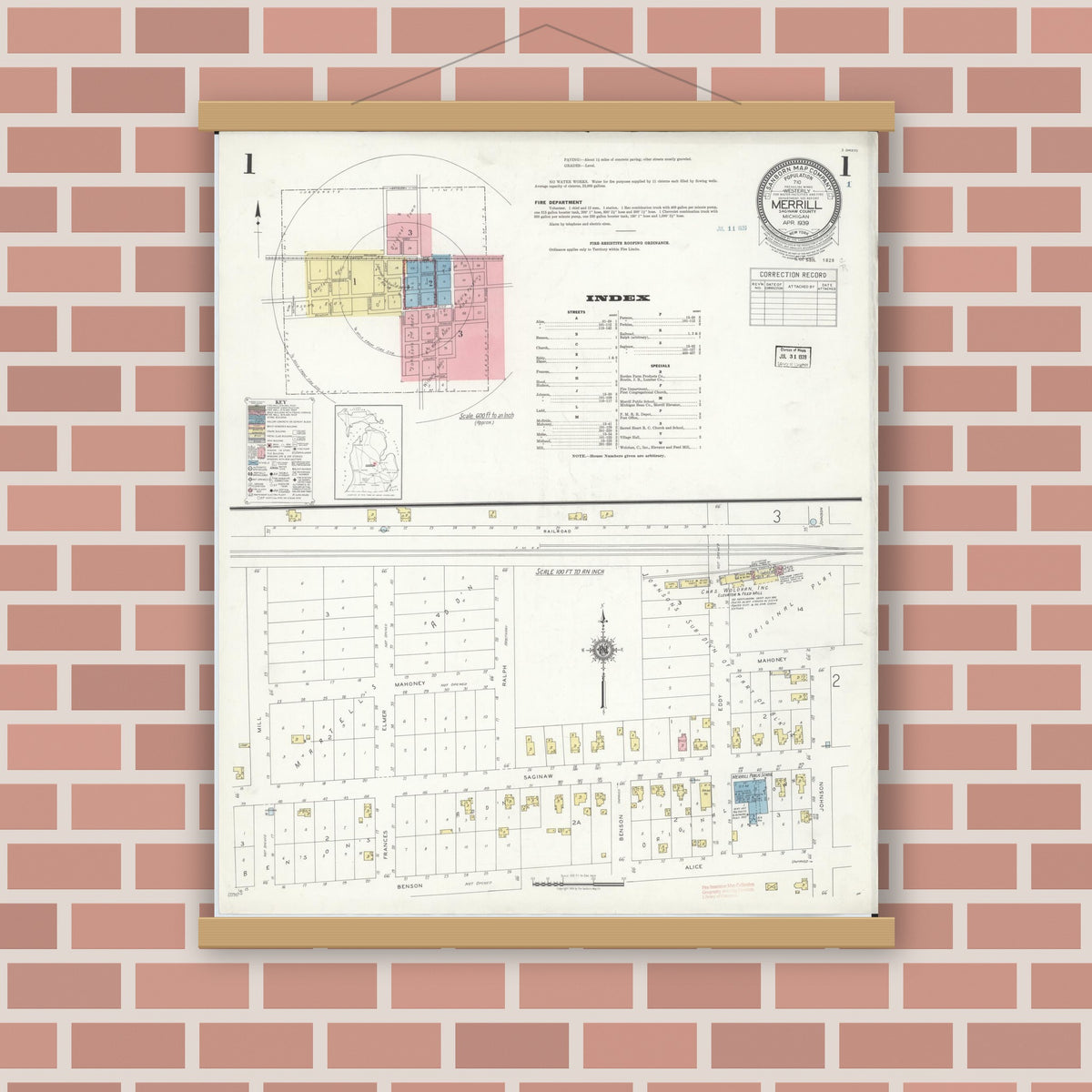 Old map wall art mockup — magnetic wood frame on brick wall — Sanborn Fire Insurance Map from Merrill, Saginaw County, Michigan (1939), Sheet #0001