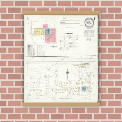 Old map wall art mockup — magnetic wood frame on brick wall — Sanborn Fire Insurance Map from Merrill, Saginaw County, Michigan (1939), Sheet #0001