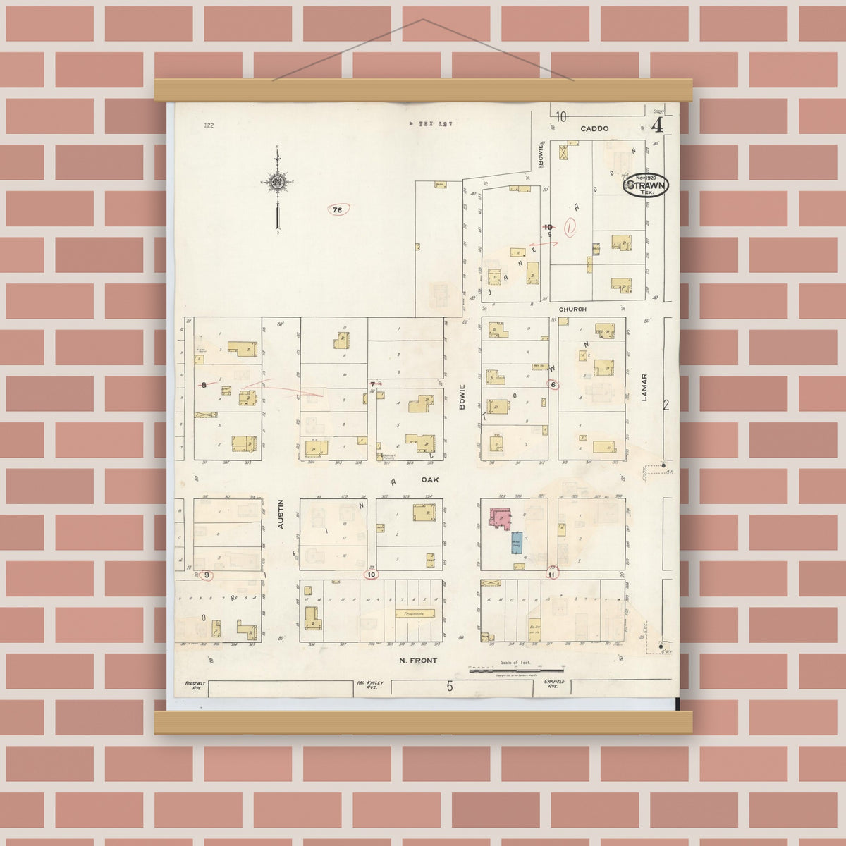Old map wall art mockup — magnetic wood frame on brick wall — Sanborn Fire Insurance Map from Strawn, Palo Pinto County, Texas (1944), Sheet #0004