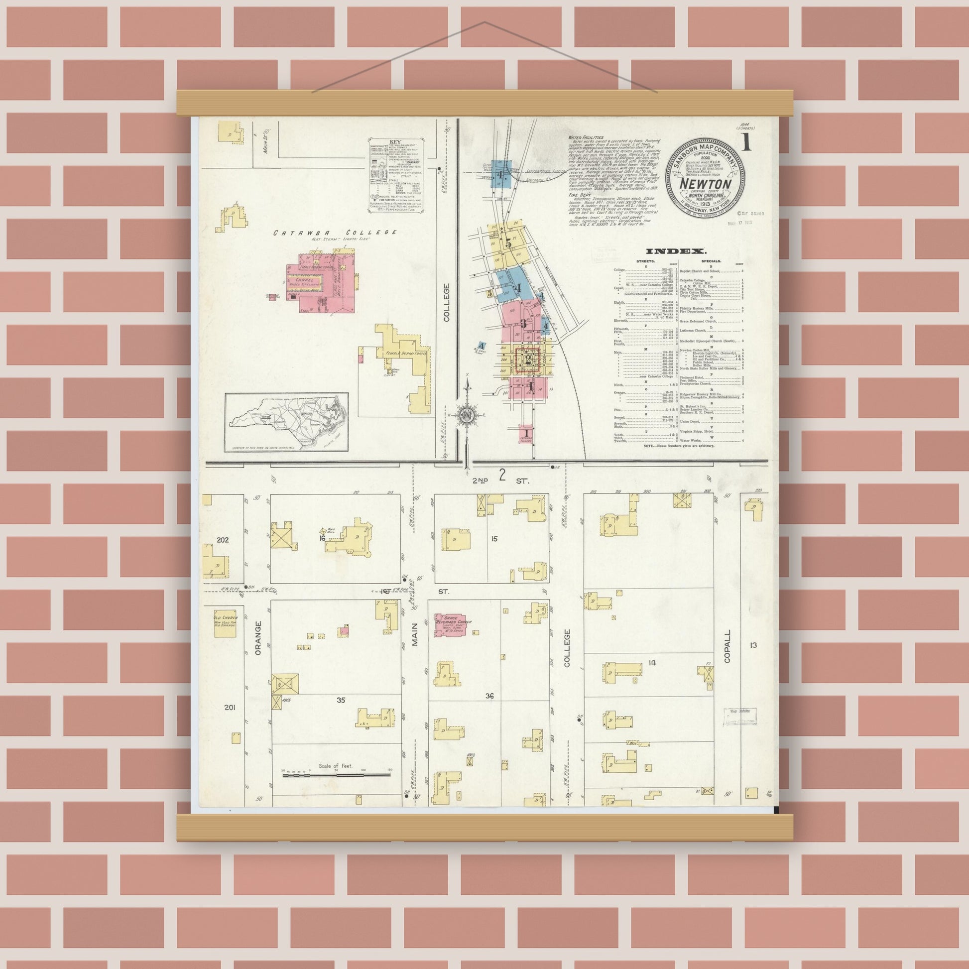 Old map wall art mockup — magnetic wood frame on brick wall — Sanborn Fire Insurance Map from Newton, Catawba County, North Carolina (1913), Sheet #0001