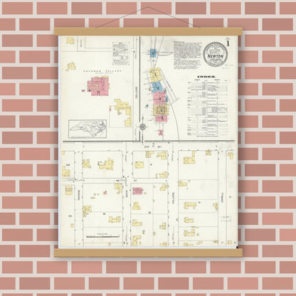Old map wall art mockup — magnetic wood frame on brick wall — Sanborn Fire Insurance Map from Newton, Catawba County, North Carolina (1913), Sheet #0001