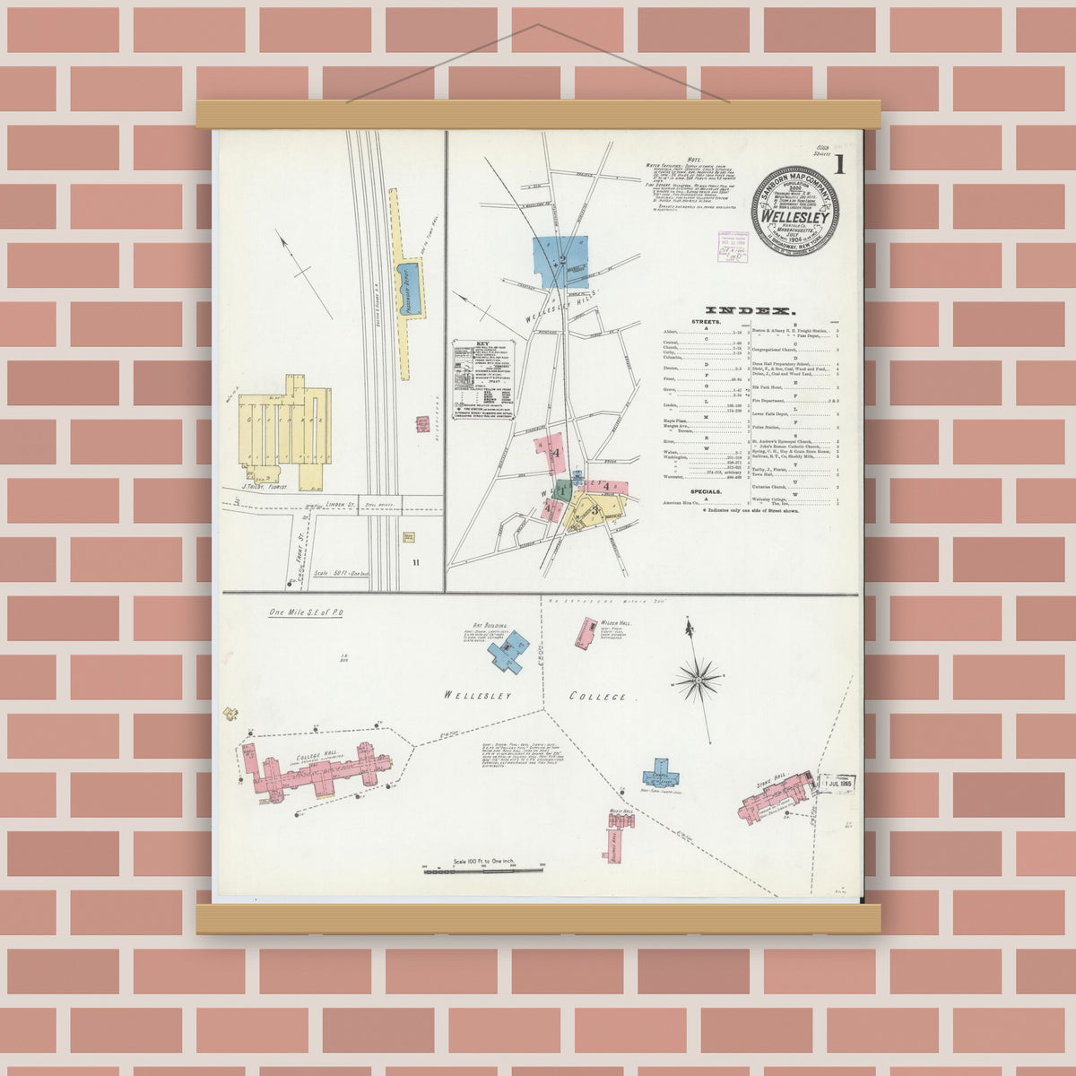 Old map wall art mockup — magnetic wood frame on brick wall — Sanborn Fire Insurance Map from Wellesley, Norfolk County, Massachusetts (1906), Sheet #0001