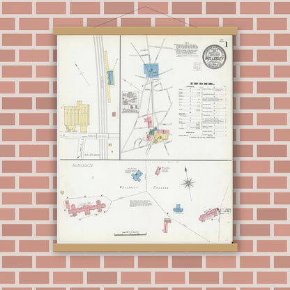 Old map wall art mockup — magnetic wood frame on brick wall — Sanborn Fire Insurance Map from Wellesley, Norfolk County, Massachusetts (1906), Sheet #0001