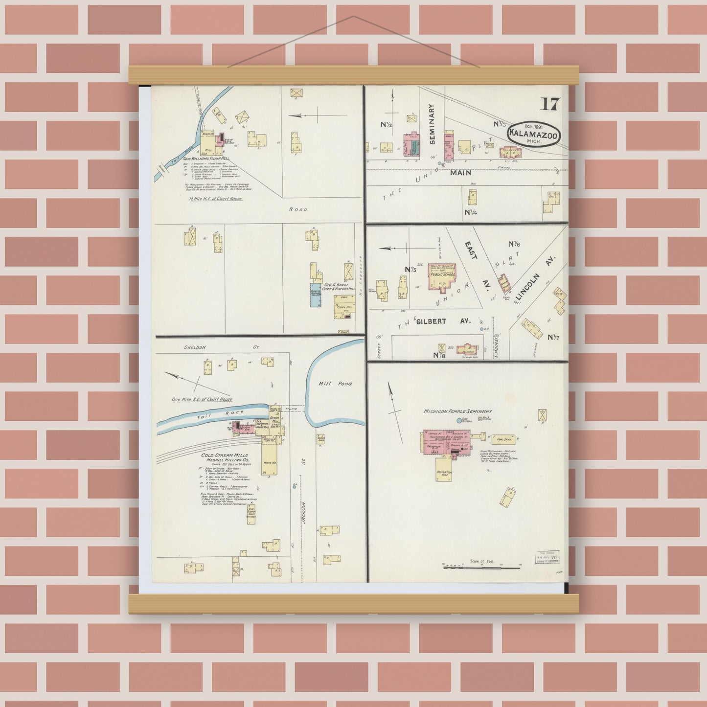 Old map wall art mockup — magnetic wood frame on brick wall — Sanborn Fire Insurance Map from Kalamazoo, Kalamazoo County, Michigan (1891), Sheet #0017